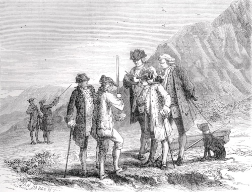 Florin Périer (1605-1672) mesurant la hauteur de la colonne de mercure dans un tube de Torricelli sur le haut du Puy-de-Dôme. Gravure parue dans Les Merveilles de la science par Louis Figuier. © Météo-France.