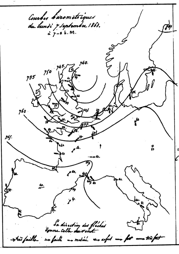 La première carte météorologique publiée en France, situation du 7 septembre 1863, extraite du Bulletin international de l'Observatoire impérial. © Météo-France.