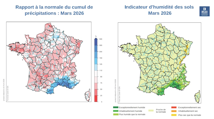 Cartes du bulletin de suivi hydrologique de mars 2026 © Météo-France
