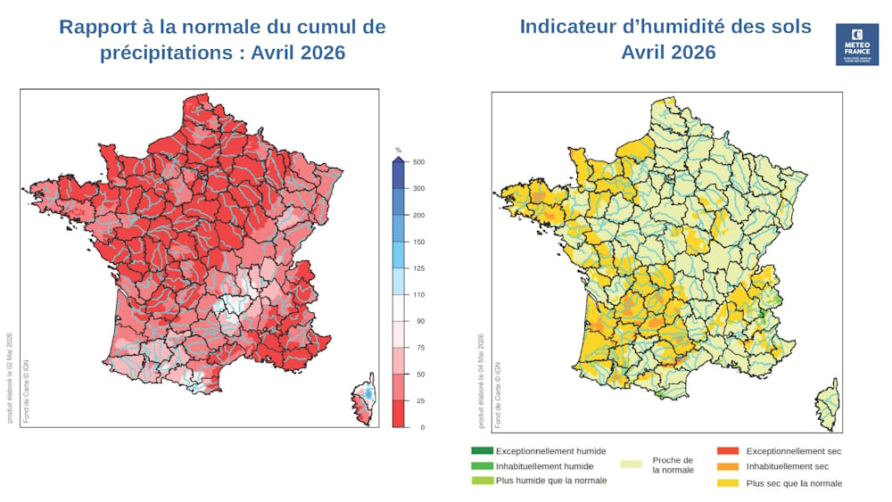 Cartes du bulletin de suivi hydrologique d'avril 2026 © Météo-France