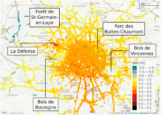 Îlot de chaleur nocturne médian lors d'une vague de chaleur à Paris du 01/08/2018 au 09/08/2018 à 200 m de résolution spatiale. Les observations provenant de véhicules roulant à moins de 10 km/h ne sont pas prises en compte.