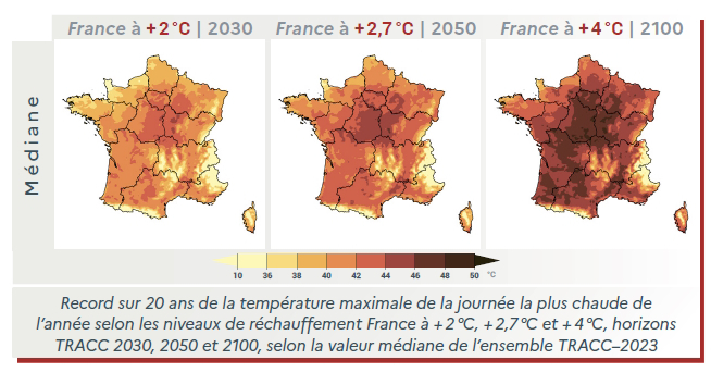 Record sur 20 ans de la température maximale de la journée la plus chaude de l'année selon les niveaux de réchauffement © Météo-France