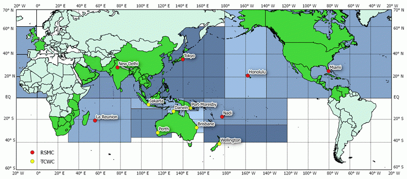 Les domaines de responsabilité des Centres spécialisés cyclones. © OMM.