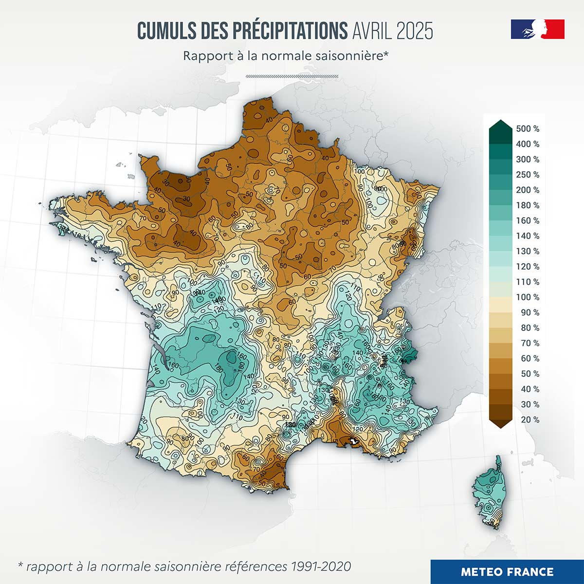 Cumuls des précipitations en avril 2025 - rapport à la normale 1991-2020