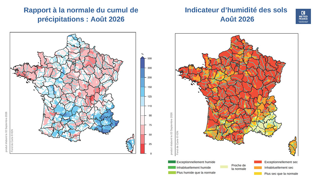 Cartes du bulletin de suivi hydrologique de août 2026 © Météo-France