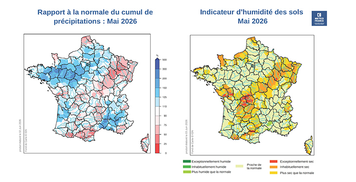 Cartes du bulletin de suivi hydrologique de mai 2026 © Météo-France
