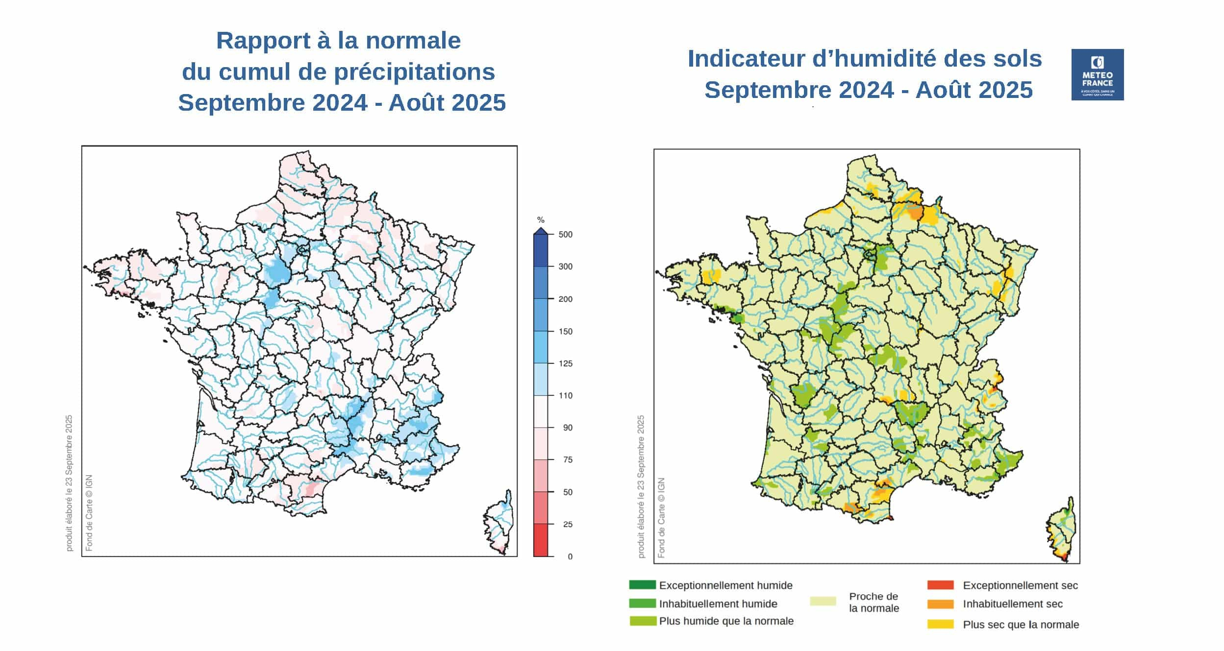 Rapport à la normale du cumul de précipitations et indicateur d'humidité des sols sur l'année hydrologique 2024-2025 © Météo-France