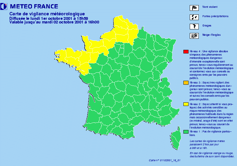Première carte de Vigilance publiée le 1er octobre 2001. © Météo-France
