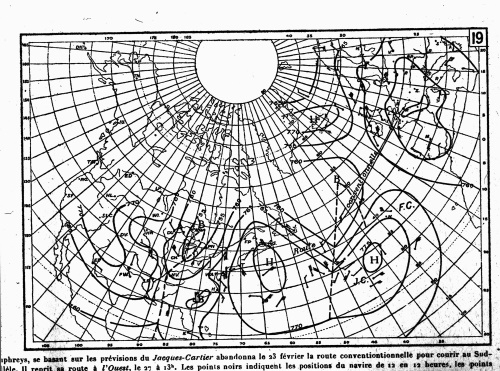 Carte météorologique tracée à bord du Jacques Cartier, le 01/03/1925. © Météo-France. Carte météorologique tracée à bord du Jacques Cartier, le 01/03/1925. © Météo-France.