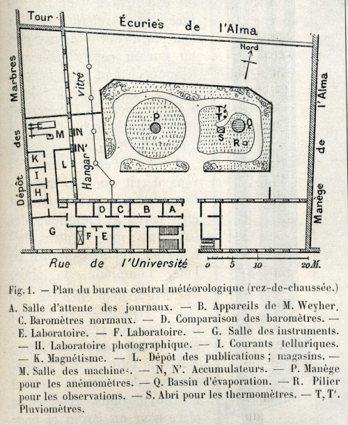 Plan du Bureau central météorologique de France, extrait de Angot A., 1889 : La Nature, tome 2, p. 182-186. © Météo-France. Plan du Bureau central météorologique de France, extrait de Angot A., 1889 : La Nature, tome 2, p. 182-186. © Météo-France.