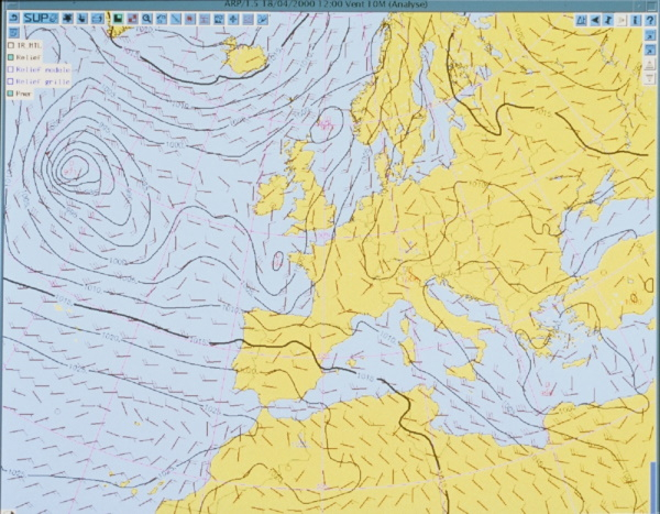 Visualisation par la station de travail Synergie de l'analyse des vents à 10 m par le modèle Arpege le 18/04/2000 à 12 h 00. © Météo-France.