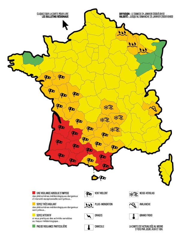 Carte de vigilance météorologique diffusée le samedi 24 janvier 2009 à 8 h 10. © Météo-France.