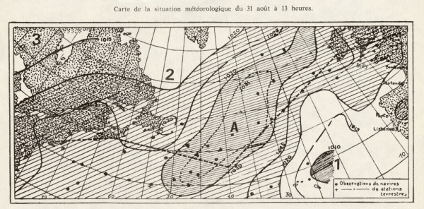 Carte de la situation météorologique du 31 août 1930. © Météo-France. Carte de la situation météorologique du 31 août 1930. © Météo-France.