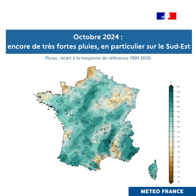 Pluies : écart à la moyenne de référence 1991-2020 pour octobre 2024 © Météo-France Pluies : écart à la moyenne de référence 1991-2020 pour octobre 2024 © Météo-France