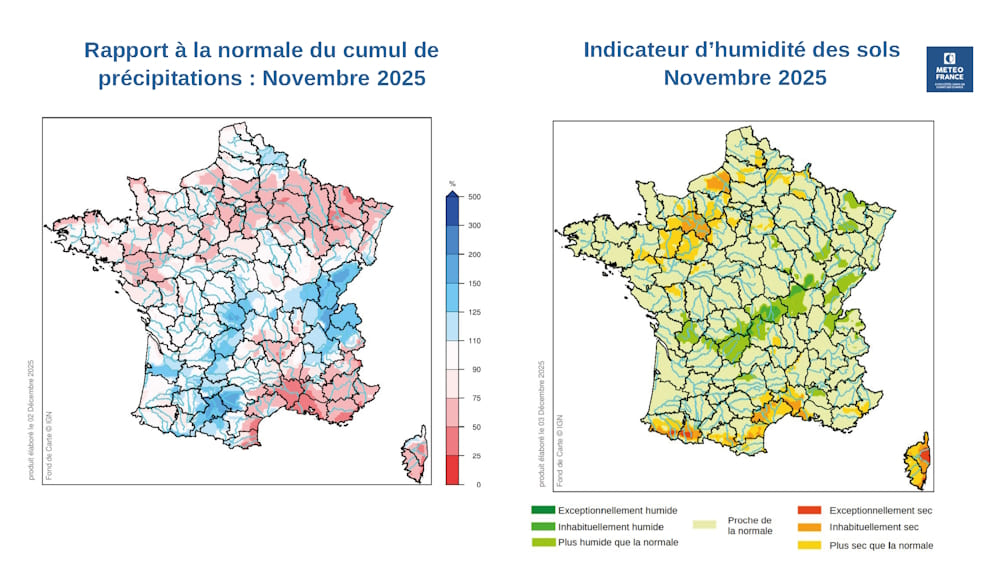 Cartes du bulletin de suivi hydrologique de novembre 2025 © Météo-France