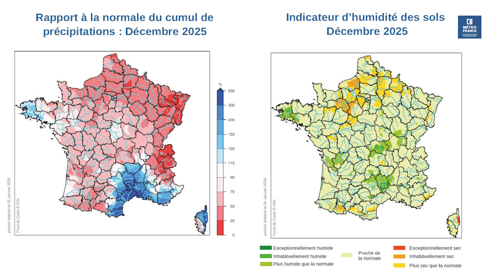 Cartes du bulletin de suivi hydrologique de décembre 2025 © Météo-France