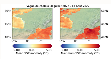 Anomalies de température de surface des mers et océans entre le 31 juillet et le 13 août 2022, lors d'une vague de chaleur. © Météo-France Anomalies de température de surface des mers et océans entre le 31 juillet et le 13 août 2022, lors d'une vague de chaleur. © Météo-France