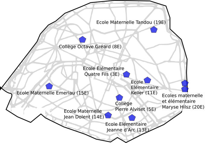 Carte des premières écoles impliquées - © Ville de Paris Carte des premières écoles impliquées - © Ville de Paris
