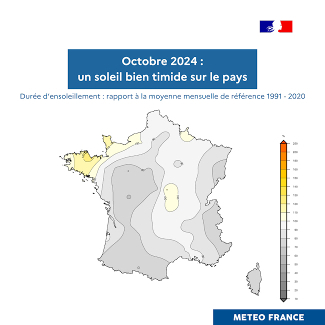 Écart à la moyenne mensuelle de référence (1991-2020) de la durée d'ensoleillement en France pour octobre 2024 © Météo-France Écart à la moyenne mensuelle de référence (1991-2020) de la durée d'ensoleillement en France pour octobre 2024 © Météo-France