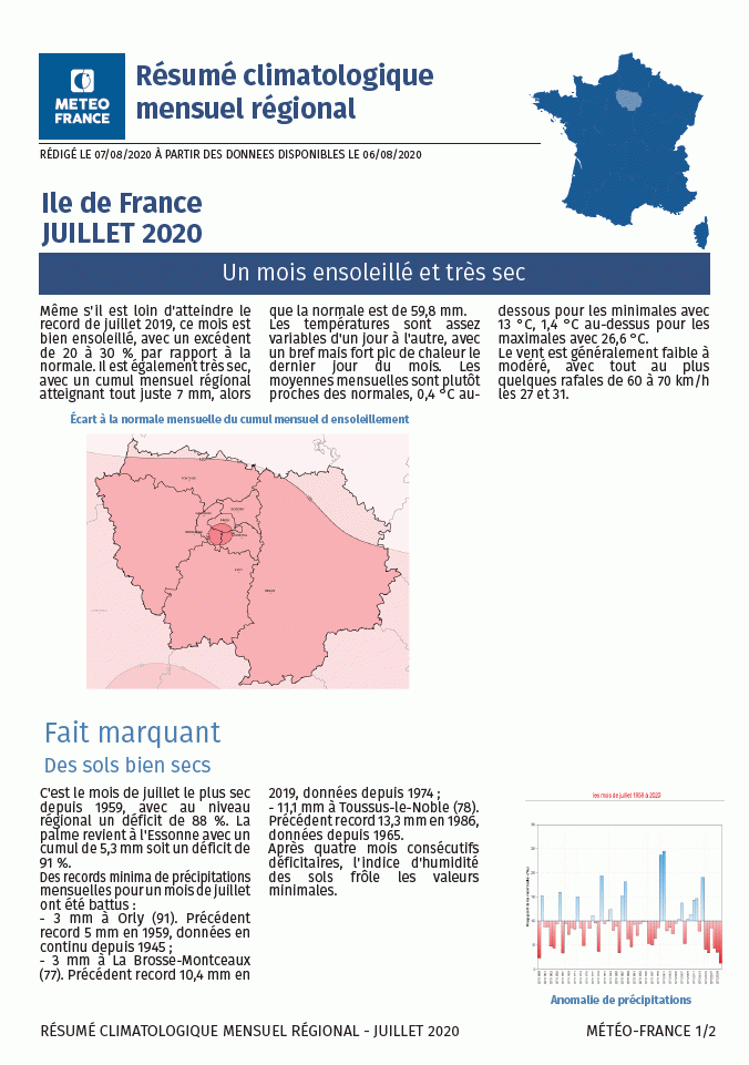 Exemple de Résumé climatologique mensuel régional - © Météo-France Exemple de Résumé climatologique mensuel régional. © Météo-France.