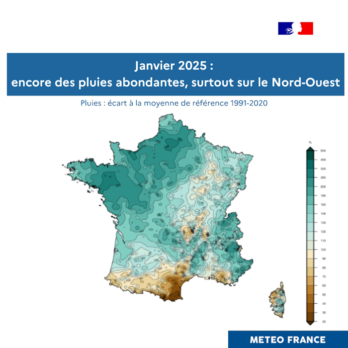 Ecart à la normale de référence 1991-2020 des cumuls des précipitations en janvier 2025 © Météo-France