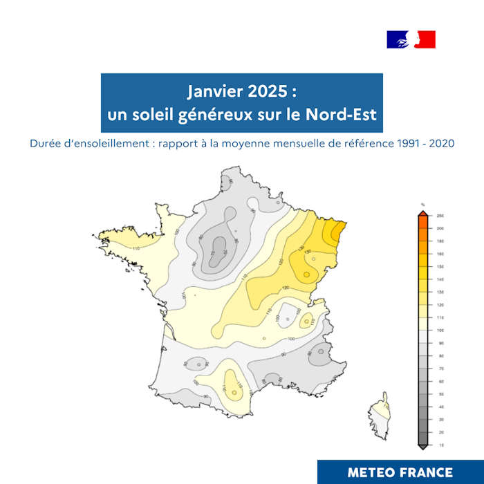 Rapport à la moyenne mensuelle 1991-2020 de la durée d'ensoleillement en janvier 2025 © Météo-France