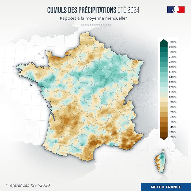 Rapport à la moyenne des cumuls de précipitations pendant l'été 2024 © Météo-France