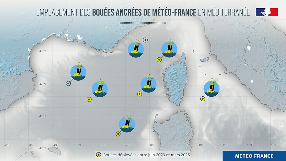 Emplacement des bouées ancrées de Météo-France en Méditerranée Emplacement des bouées ancrées de Météo-France en Méditerranée © Météo-France