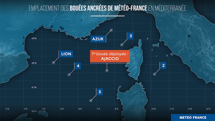 Emplacement des bouées ancrées de Météo-France en Méditerranée. © Météo-France