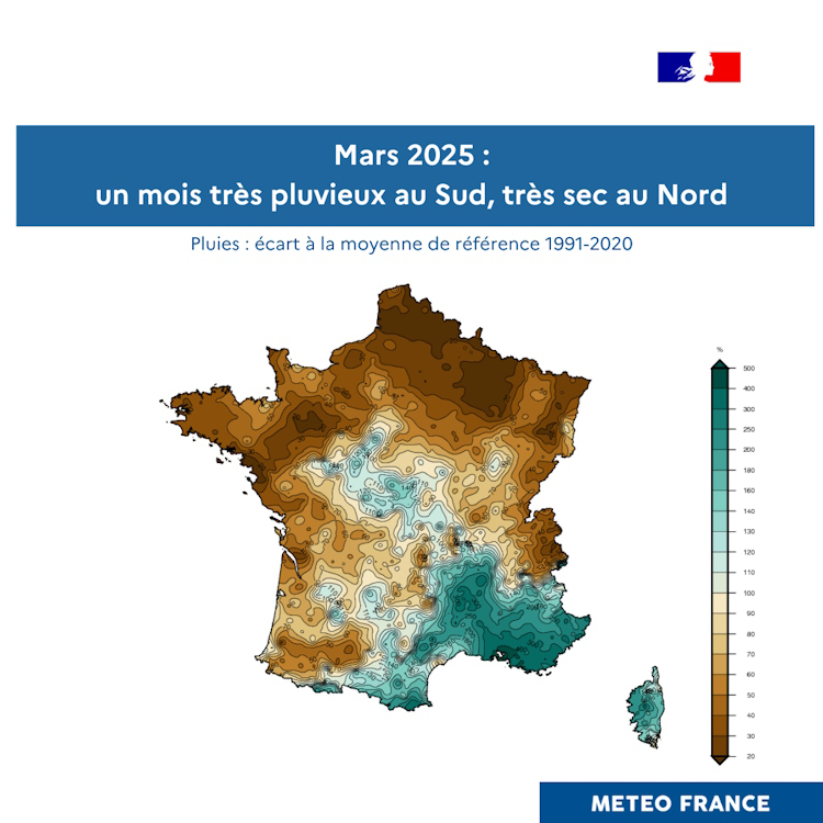 Ecart à la normale de référence 1991-2020 des cumuls de précipitations en mars 2025 © Météo-France
