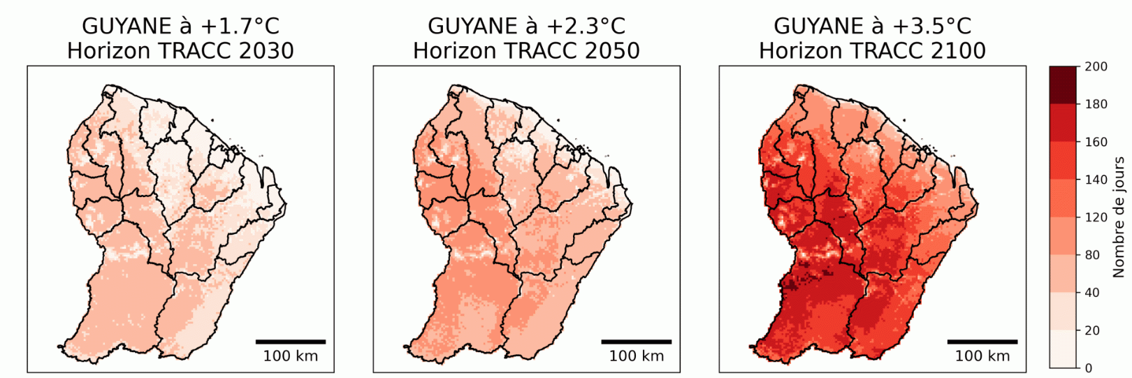 Nombre annuel de jours chauds (températures maximales supérieures ou égales à 35 °C) en Guyane pour les trois niveaux de réchauffement territoriaux associés aux horizons TRACC. © Météo-France