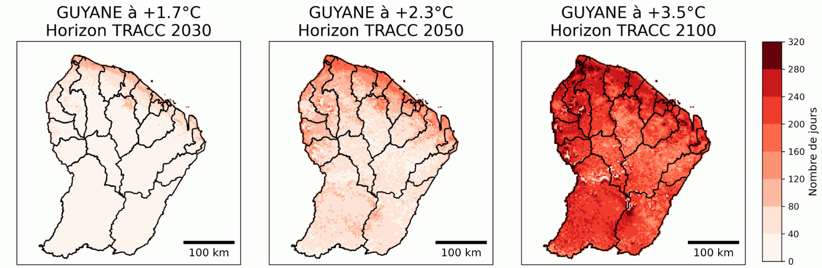 Nombre annuel de nuits chaudes (températures minimales supérieures ou égales à 24°C) en Guyane pour les trois niveaux de réchauffement territoriaux associés aux horizons TRACC. © Météo-France